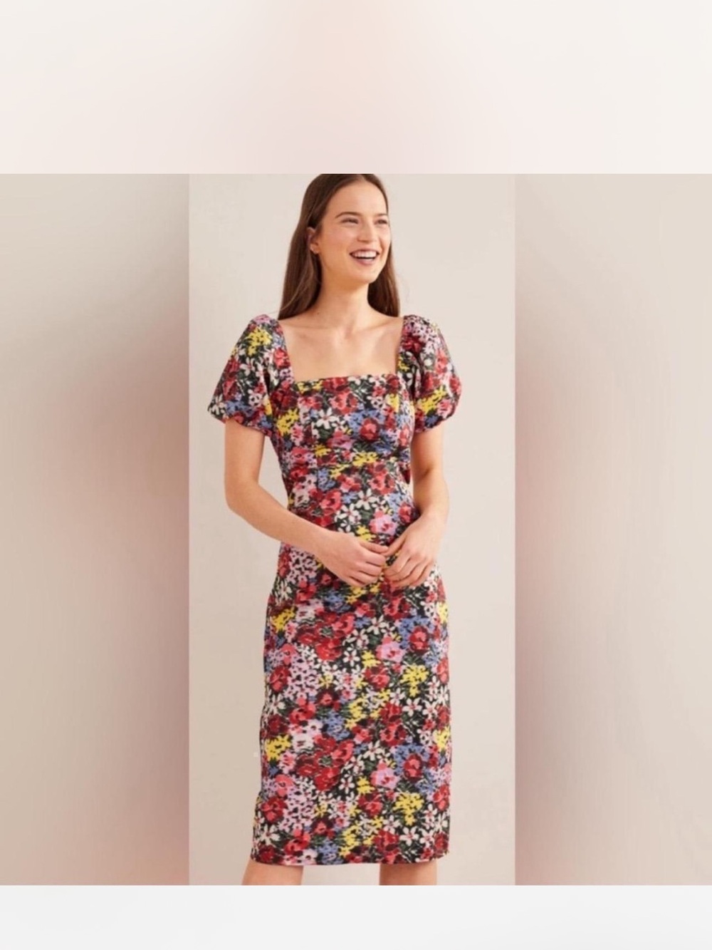 Boden Multicolor Floral Square-Neck puff sleeve Midi Dress